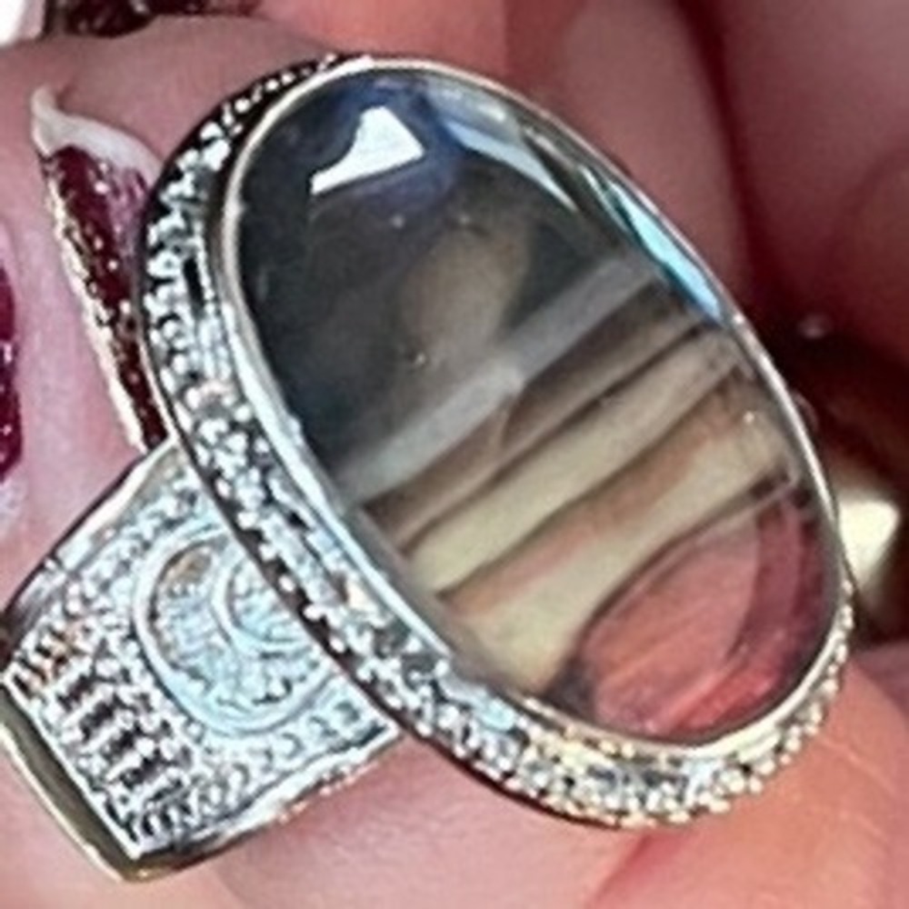 Southwestern Silver Tone Oval Earth Stone Celestial Moon Sunburst Statement Ring